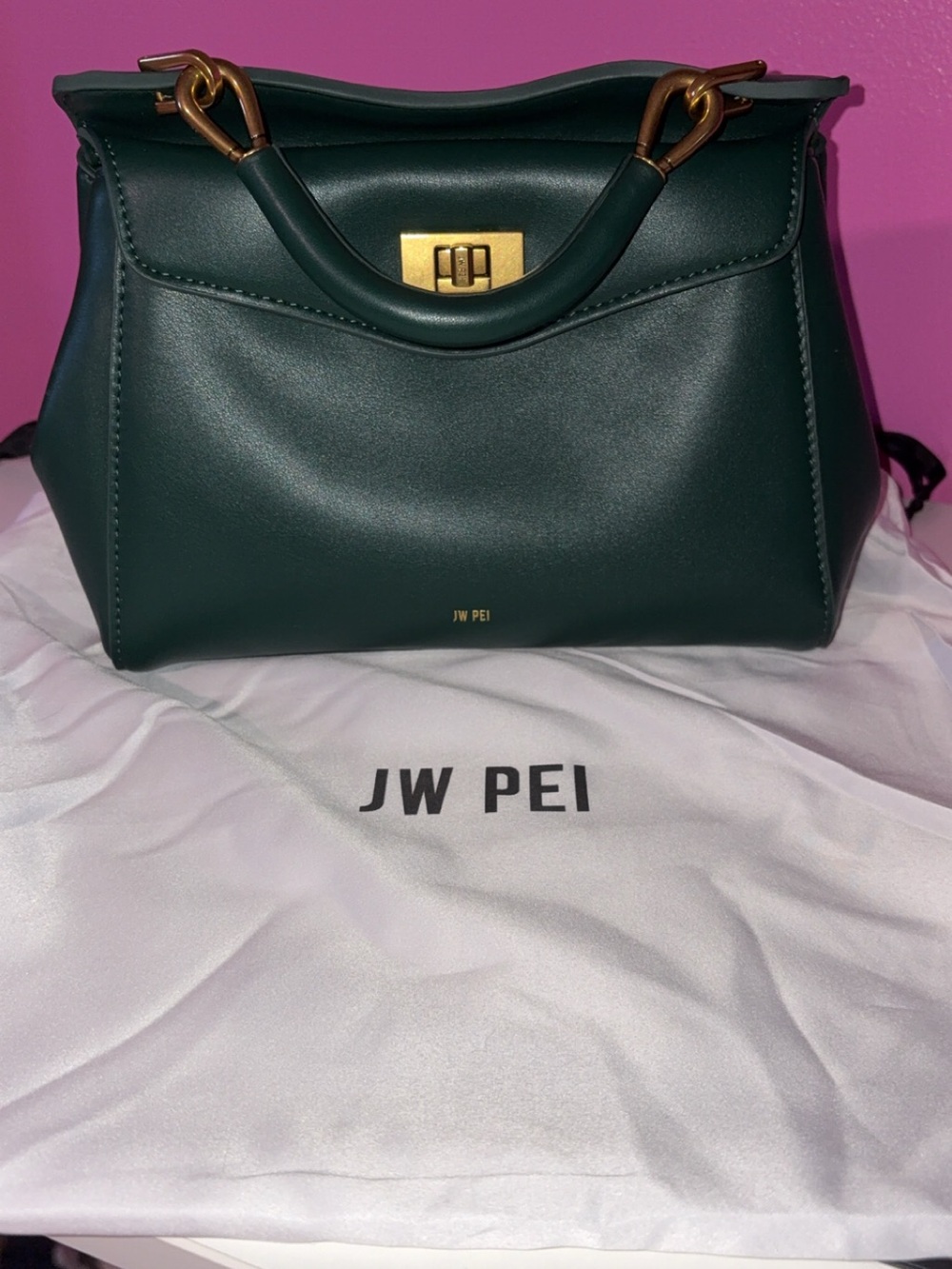 JW PEI Dark Green Structured Top-Handle Shoulder Bag with Gold Hardware